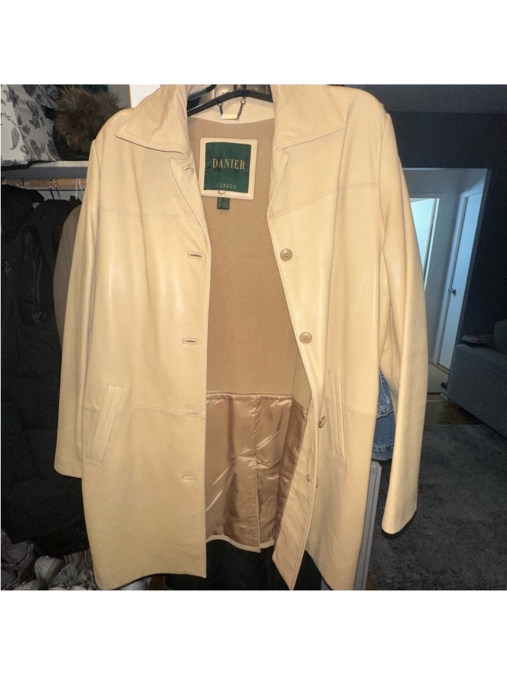 Danier Cream Leather Single-Breasted Coat